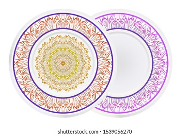Set of two round decoration frame and Sacred Oriental Mandala. Floral Ornament. Vector Illustration. 