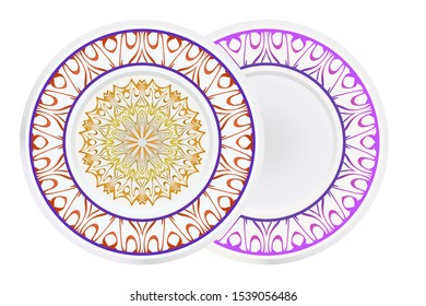 Set of two round decoration frame and Sacred Oriental Mandala. Floral Ornament. Vector Illustration. 