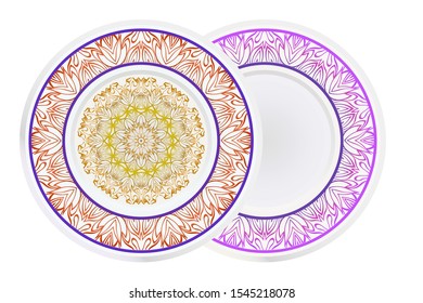 Set of two round decoration frame and Sacred Oriental Mandala. Floral Ornament. Vector Illustration. 