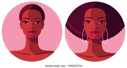 Set of two round icons depicting young beautiful smiling black women with different hairstyles. Vector portraits of black women isolated on pink background.
