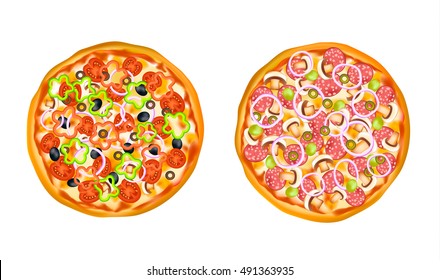 Set of two round isolated realistic images of pizza colorful similar with different fillers on blank background vector illustration