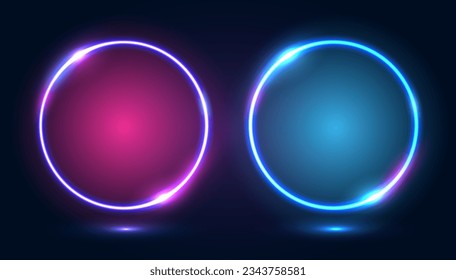 A set of two round neon frames with shining effects and highlights on a dark background. Futuristic modern neon glowing banners. Vector illustration.