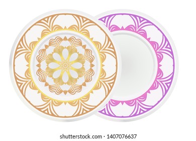 Set of two round ornament. Decorative frame and floral mandala. Arabic, Indian, Motifs. Vector Illustration. For kitchen decoration