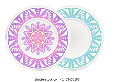 Set of two round ornament. Decorative frame and floral mandala. Arabic, Indian, Motifs. Vector Illustration. For kitchen decoration