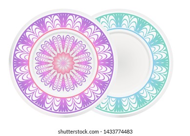 Set of two round ornament. Decorative frame and floral mandala. Arabic, Indian, Motifs. Vector Illustration. For kitchen decoration