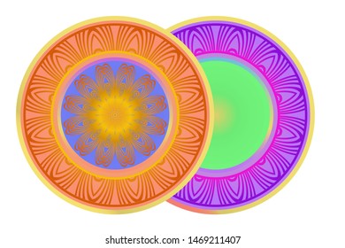 Set of two round ornament. Decorative frame and floral mandala. Arabic, Indian, Motifs. Vector Illustration. For kitchen decoration