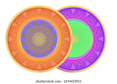 Set of two round ornament. Decorative frame and floral mandala. Arabic, Indian, Motifs. Vector Illustration. For kitchen decoration