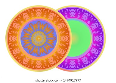 Set of two round ornament. Decorative frame and floral mandala. Arabic, Indian, Motifs. Vector Illustration. For kitchen decoration