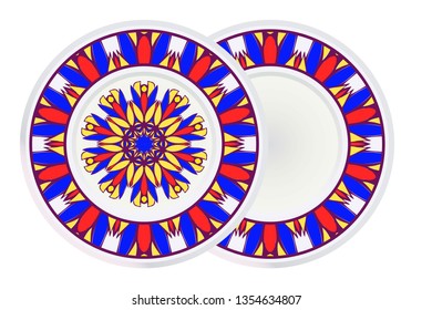 Set of two Round Symmetrical Pattern with Mandala and round frame. Kaleidoscopic Design. Vector Illustration. Oriental Pattern. Indian, Moroccan, Mystic, Ottoman Motifs. Anti-Stress Therapy Pattern.