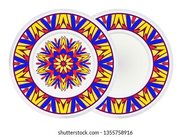 Set of two Round Symmetrical Pattern with Mandala and round frame. Kaleidoscopic Design. Vector Illustration. Oriental Pattern. Indian, Moroccan, Mystic, Ottoman Motifs. Anti-Stress Therapy Pattern.
