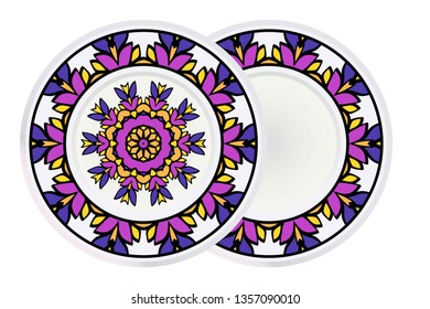 Set of two Round Symmetrical Pattern with Mandala and round frame. Kaleidoscopic Design. Vector Illustration. Oriental Pattern. Indian, Moroccan, Mystic, Ottoman Motifs. Anti-Stress Therapy Pattern.