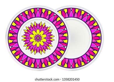 Set of two Round Symmetrical Pattern with Mandala and round frame. Kaleidoscopic Design. Vector Illustration. Oriental Pattern. Indian, Moroccan, Mystic, Ottoman Motifs. Anti-Stress Therapy Pattern.