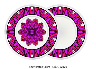 Set of two Round Symmetrical Pattern with Mandala and round frame. Kaleidoscopic Design. Vector Illustration. Oriental Pattern. Indian, Moroccan, Mystic, Ottoman Motifs. Anti-Stress Therapy Pattern.