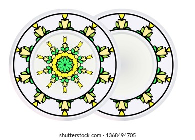 Set of two Round Symmetrical Pattern with Mandala and round frame. Kaleidoscopic Design. Vector Illustration. Oriental Pattern. Indian, Moroccan, Mystic, Ottoman Motifs. Anti-Stress Therapy Pattern.