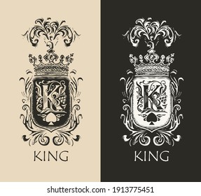 Set of two royal coat of arms with hand-drawn shield, crown, ornate initial letter K and the word King. Great for luxury design of vector emblem, icon, logo, badge, playing card in vintage style