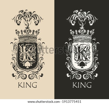 Set of two royal coat of arms with hand-drawn shield, crown, ornate initial letter K and the word King. Great for luxury design of vector emblem, icon, logo, badge, playing card in vintage style