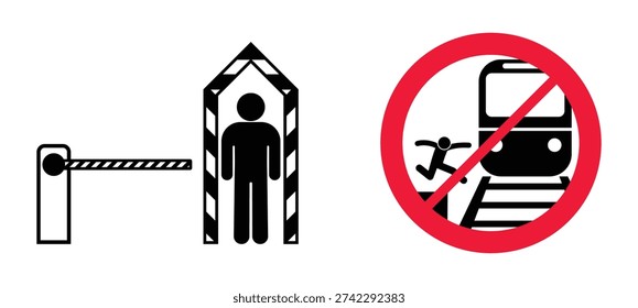 Set of two safety icons. Stick figure at guard booth with striped barrier and prohibition sign showing person jumping in front of train. Flat vector symbols.