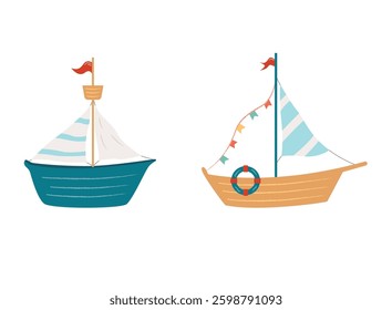 Set of Two Sailboats with Striped Sails. Simple and Stylized Vector Illustration