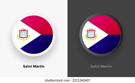 Set of two Saint Martin flag buttons in black and white background. Abstract shiny metallic rounded buttons with national country flag