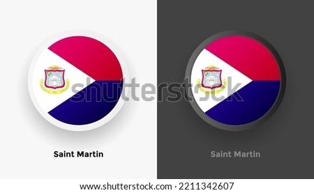 Set of two Saint Martin flag buttons in black and white background. Abstract shiny metallic rounded buttons with national country flag