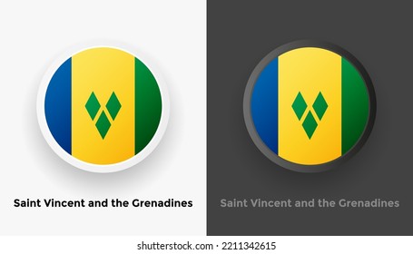 Set of two Saint Vincent and the Grenadines flag buttons in black and white background. Abstract shiny metallic rounded buttons with national country flag