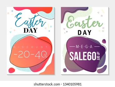 Set of two sale banners to Easter Day, red and purple dual-gradient liquid forms with geometric pattern on background, business template
