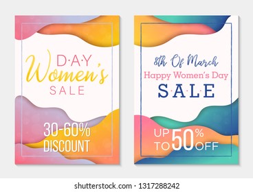 Set of two sale banners to International Womens Day, creative papercut backgrounds. Colorful templates for business