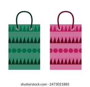 set of two sale paper shopping bags colorful paper sales bag for shopping, colorful paper pattern bags for sale shopping, discount sale offer clothing bags, geometric shape triangular circled design