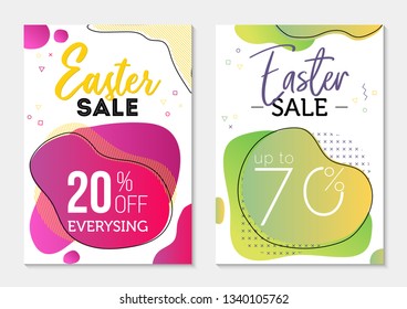 Set of two sale vouchers to Easter Day, pink and green dual-gradient liquid forms with geometric elements on background, business template