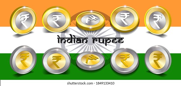 Set of two sample types of 3d bimetallic coins with round gradient, shadows and bright glares. Golden and silver money sign of the Indian rupee. EPS10