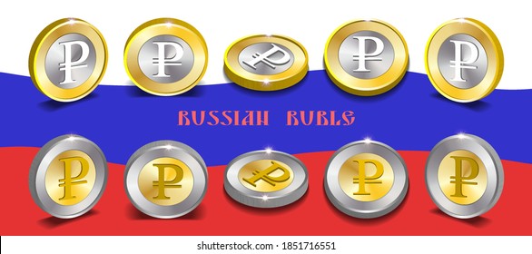 Set of two sample types of 3d bimetallic coins with round gradient, shadows and bright glares. Golden and silver money sign of the Russian ruble. EPS10