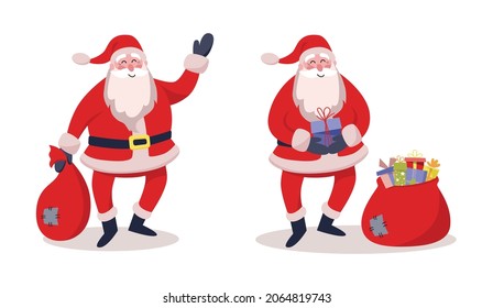 Set of two santa claus. Cheerful santa claus is standing with a bag in his hands. Santa holds a gift in his hands, there is a sack with gifts next to him. Flat cartoon style vector illustration.