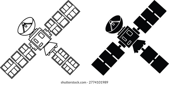 Set of two satellite icons, one in outline style and one in solid black style, representing space communication technology, isolated on white background.