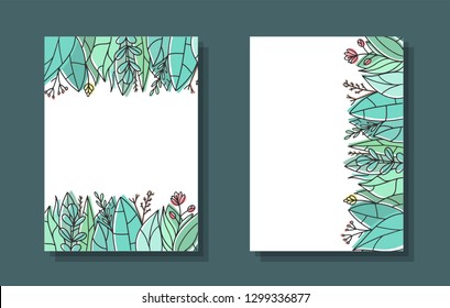 Set of two save the date flyers cards. Cute cartoon cards template. Floral background for covers, invitations, posters, banners, flyers, placards. Vector illustration eps 10.