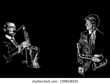 Set of two saxophone players. Hand drawn jazz illustration. Black and white musical sketch. Monochrome drawing. Vector isolated contour. Grattage style.