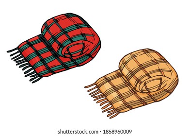 Juego de dos bufandas, comprueban las planchas con los laterales. С un hogar acogedor, ánimo matutino. Ilustración vectorial dibujada a mano en estilo doodle aislado en fondo blanco.
