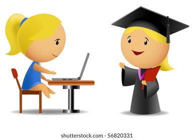 Set of two schoolgirls with computer and diploma