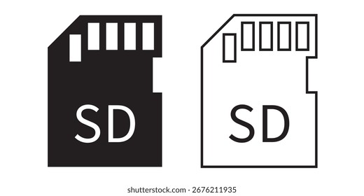 Conjunto de dos iconos de tarjeta SD en conjunto de iconos de arte de Clip. Silueta negra sólida con texto SD blanco en el centro. Esquema de la tarjeta SD. Utilizado para interfaces de usuario, ilustraciones de tecnología, móvil. Vector 10.