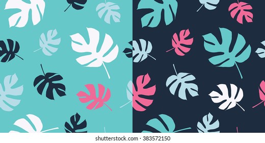 Set of two seamless backgrounds with decorative palm leaves. Print. Cloth design, wallpaper.
