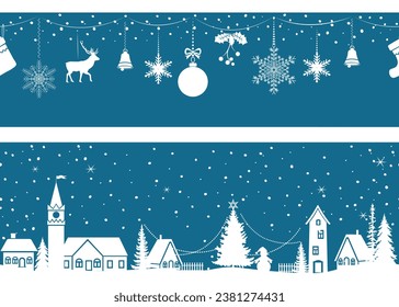 Set of two seamless borders. Christmas backgrounds with fir trees, houses, decoration, snowflakes, garland. Vector illustration.