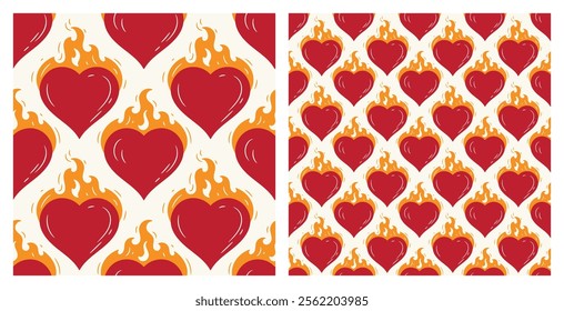 Set of two Seamless Bright Patterns Large and Small Rapport with Red Heart on Fire. Burning Heart Symbol of Love for Valentine day design. Hand drawn vector illustration.	
