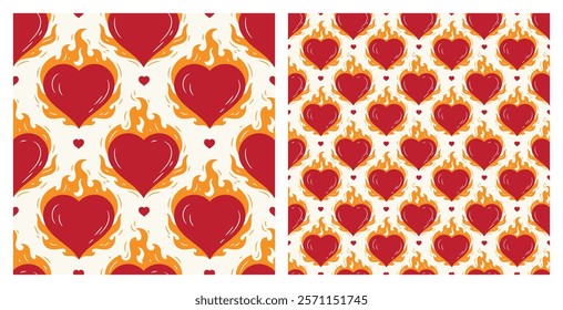 Set of two Seamless Bright Patterns Large and Small Rapport with Red Heart on Fire. Burning Heart Symbol of Love for Valentine day design. Hand drawn vector illustration