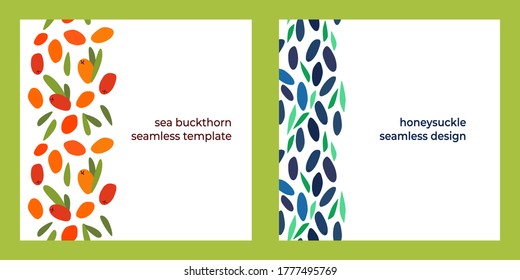 conjunto de dos diseños impecables con bayas de espinas marinas, chupa de miel y hojas sobre un fondo blanco. diseño abstracto moderno para embalaje, impresión para ropa, tela