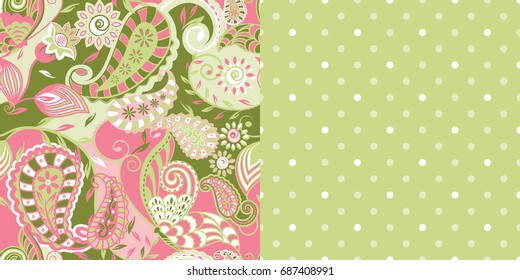 Set of Two Seamless Floral Butterfly Paisley Design and Polka Dot Patterns / Pink and Green Theme / Global Colors saved with Pattern Swatches / Vector Illustration