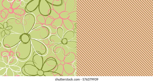 Set of Two Seamless Floral and Diagonal Stripe Patterns / Vector Illustration / Green & Pink / Patterns saved to Pattern Swatches
