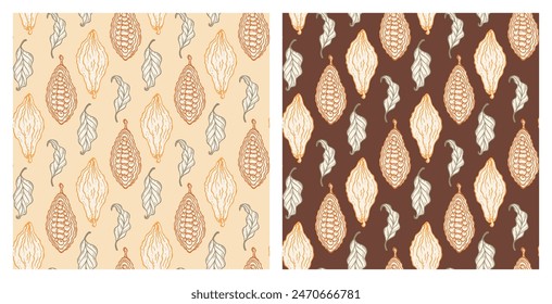 Set of Two Seamless Floral Patterns with Cacao Pods. Cocoa Beans and Leaves. Tropical Fruits. Great for Packaging design of milk and dark bitter Chocolate or cocoa powder. Hand drawn. Not AI. Vector