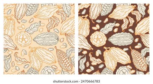 Set aus zwei nahtlosen Blumenmustern mit Kakao-Pods. In: Cocoa Beans and Leaves. Tropische Früchte. Ideal für das Verpackungsdesign von Milch und dunkler Bitterschokolade oder Kakaopulver. Handgezeichnet. Nicht KI. Vektorgrafik