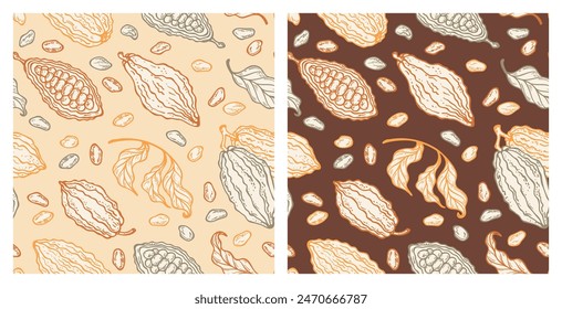 Set of Two Seamless Floral Patterns with Cacao Pods. Cocoa Beans and Leaves. Tropical Fruits. Great for Packaging design of milk and dark bitter Chocolate or cocoa powder. Hand drawn. Not AI. Vector