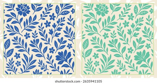 Set of two seamless floral patterns in a classic block print style. Stylized flowers and leaves on a cream background. Includes blue and mint green color options. Ideal for textiles and decor