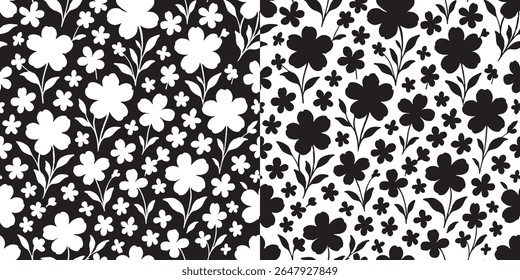 Um conjunto de dois padrões florais sem costura em cores pretas e brancas invertidas. Um design de silhueta gráfico arrojado com flores e folhas exigentes, perfeito para criar um visual moderno de alto contraste.